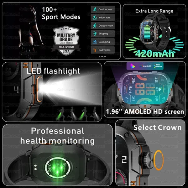 For Xiaomi Sports Smart Watch Men 1.96" AMOLED Screen GPS Tracker LED Flashlight 420mAh Battery Waterproof Bluetooth Call Watch - Image 2