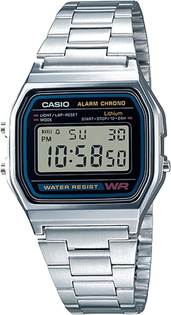 Casio A158WA Digital Watch – Vintage Stainless Steel, Water Resistant, Stopwatch, Alarm, LED Light, 7-Year Battery