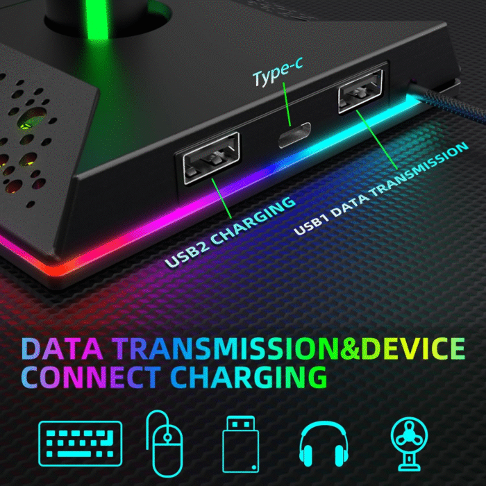 RGB Gaming Headset Stand w/ 2 USB & Type-C Ports, LED Headphone Holder PC - Image 4