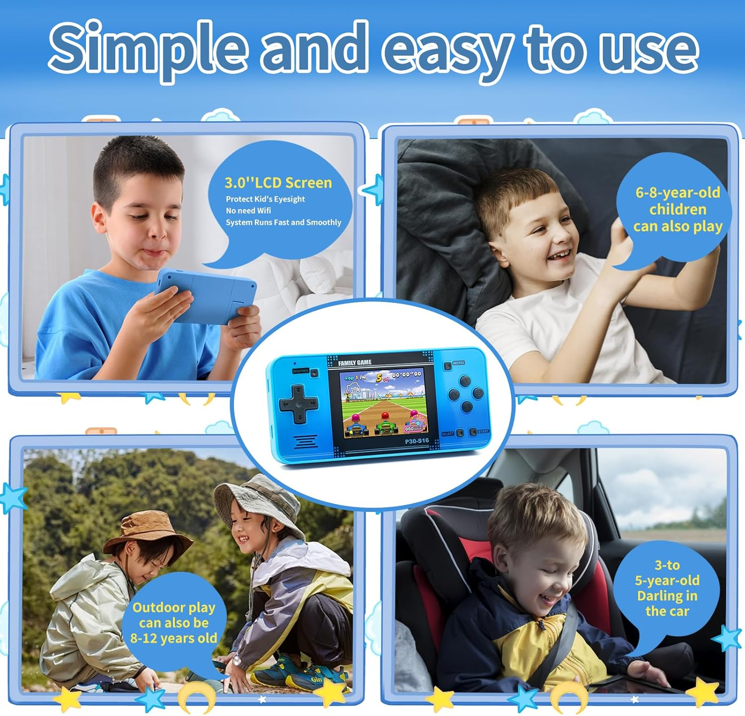 P30S Handheld Game Console for Kids โ 220 Preloaded Retro Games, 3.0" LCD Screen, Portable Gaming Player, Rechargeable Battery (Blue) - Image 5