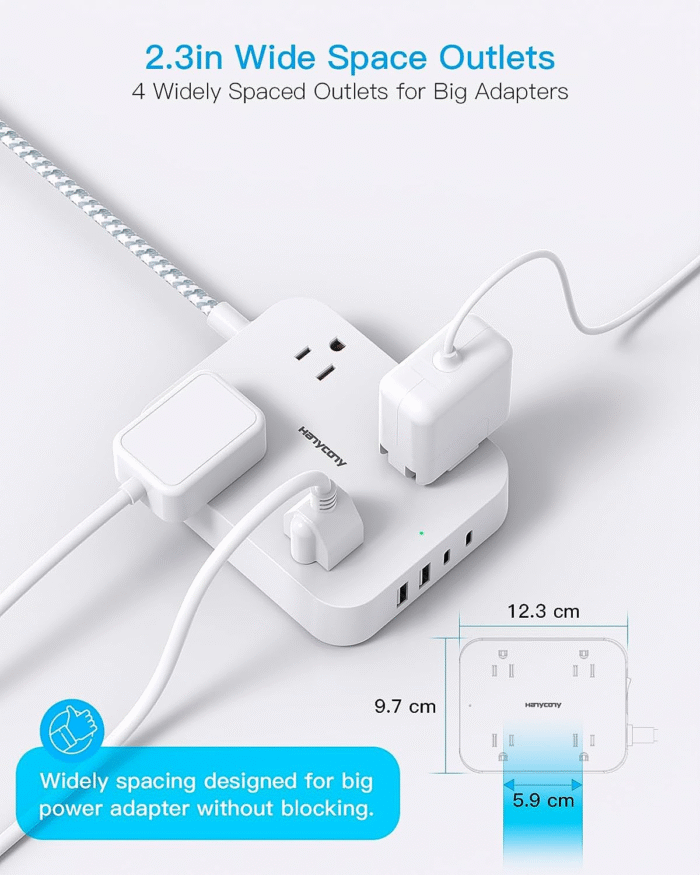 Flat Plug Extension Cord 5FT Power Strip with 4 USB Ports (2 USB-C), 4 Outlets, Wall Mount, Compact Travel Charging Station - Image 2