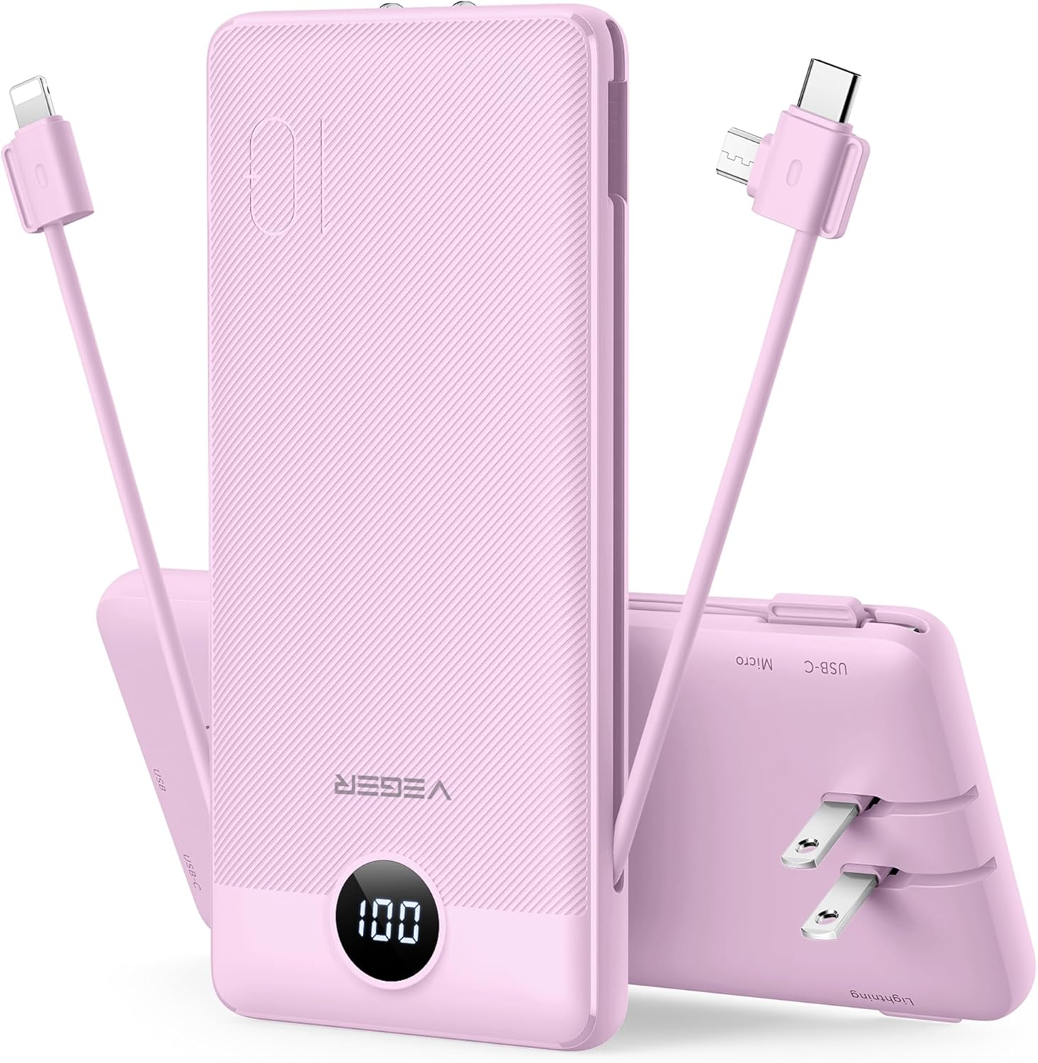 VEGER 10000mAh Portable Charger – Slim Power Bank with Built-In Cables & Wall Plug