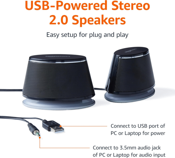 USB Powered Stereo 2.0 Computer Speakers with 3.5mm AUX Input – Compact PC Laptop Audio Set, Black - Image 2