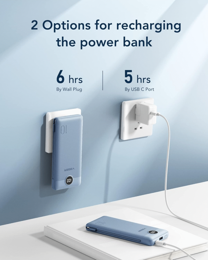 VEGER 10000mAh Portable Charger with Built-in Cables & Wall Plug (Blue) - Image 5