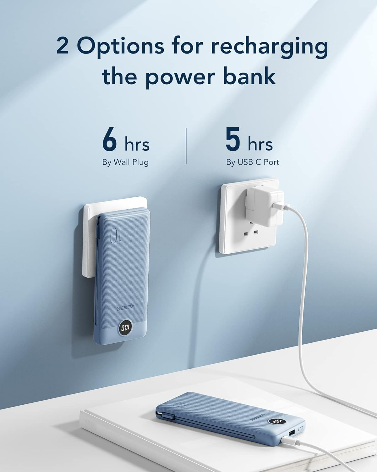 VEGER 10000mAh Portable Charger with Built-in Cables & Wall Plug (Blue) - Image 5
