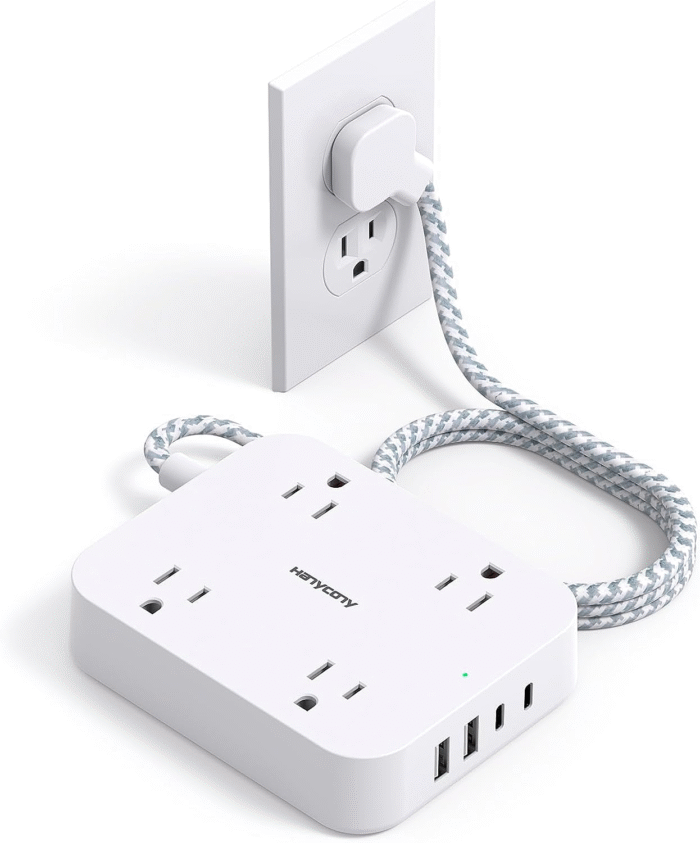Flat Plug Extension Cord 5FT Power Strip with 4 USB Ports (2 USB-C), 4 Outlets, Wall Mount, Compact Travel Charging Station
