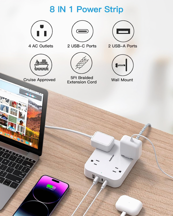 Flat Plug Extension Cord 5FT Power Strip with 4 USB Ports (2 USB-C), 4 Outlets, Wall Mount, Compact Travel Charging Station - Image 6