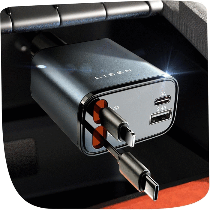 69W 4-in-1 Retractable USB-C Car Charger – Fast Charging for iPhone & Android