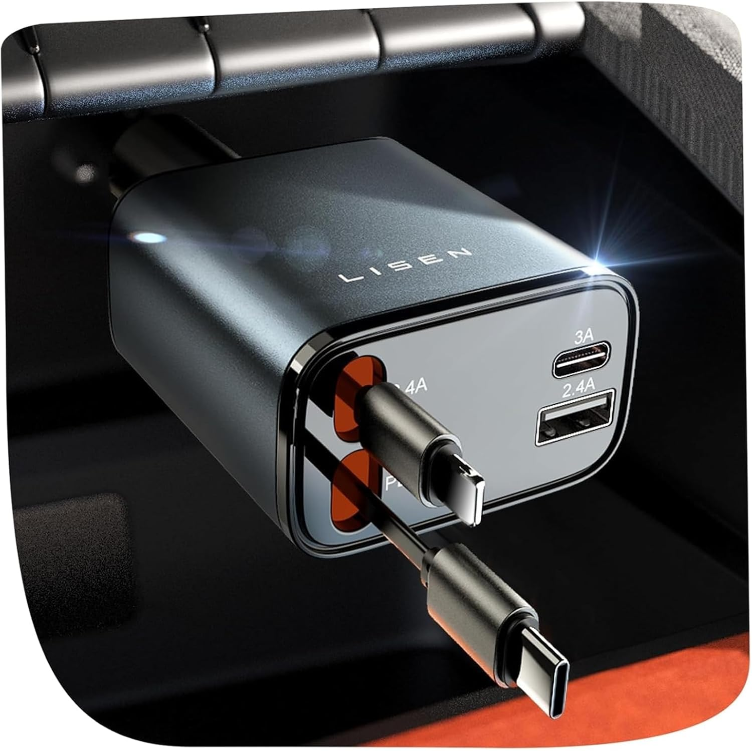 69W 4-in-1 Retractable USB-C Car Charger – Fast Charging for iPhone & Android