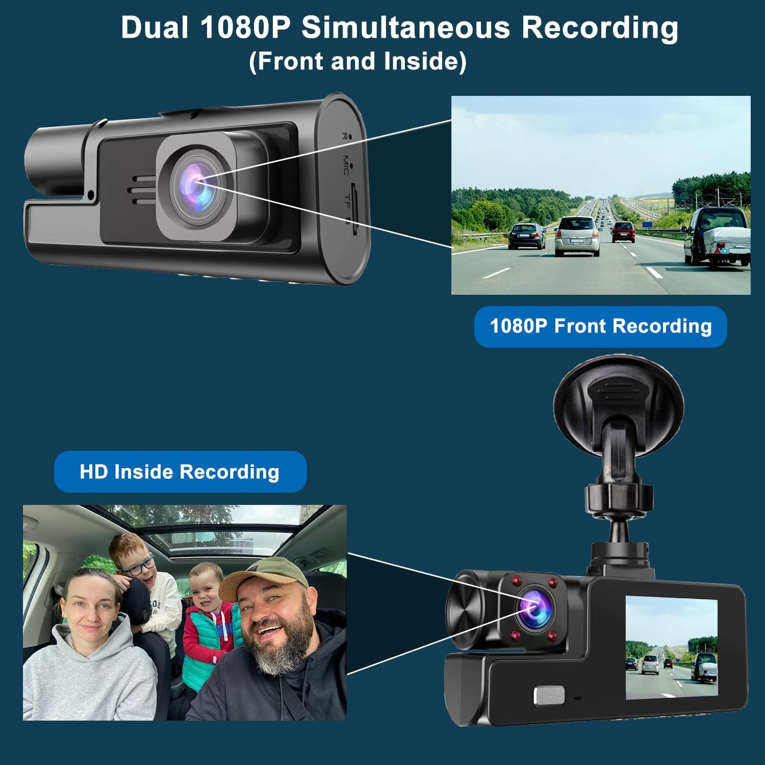 1080P Dual Dash Cam Front & Inside Car Camera 170° Night Vision G-Sensor - Image 3