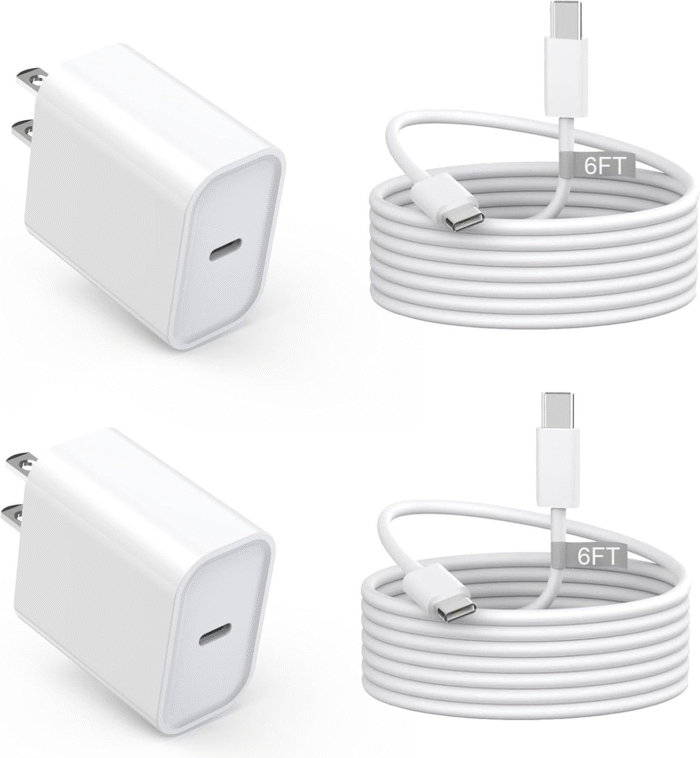 2-Pack 20W USB-C Fast Charger for iPhone & iPad with 6FT Cable