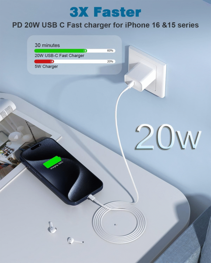 2-Pack 20W USB-C Fast Charger for iPhone & iPad with 6FT Cable - Image 2