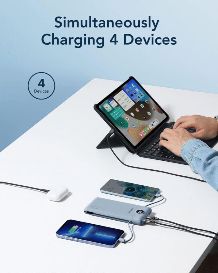 VEGER 10000mAh Portable Charger with Built-in Cables & Wall Plug (Blue) - Image 4