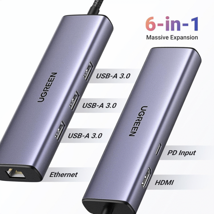 Revodok 6-in-1 USB C Hub 4K HDMI 100W PD Ethernet Adapter for Mac & iPad - Image 2