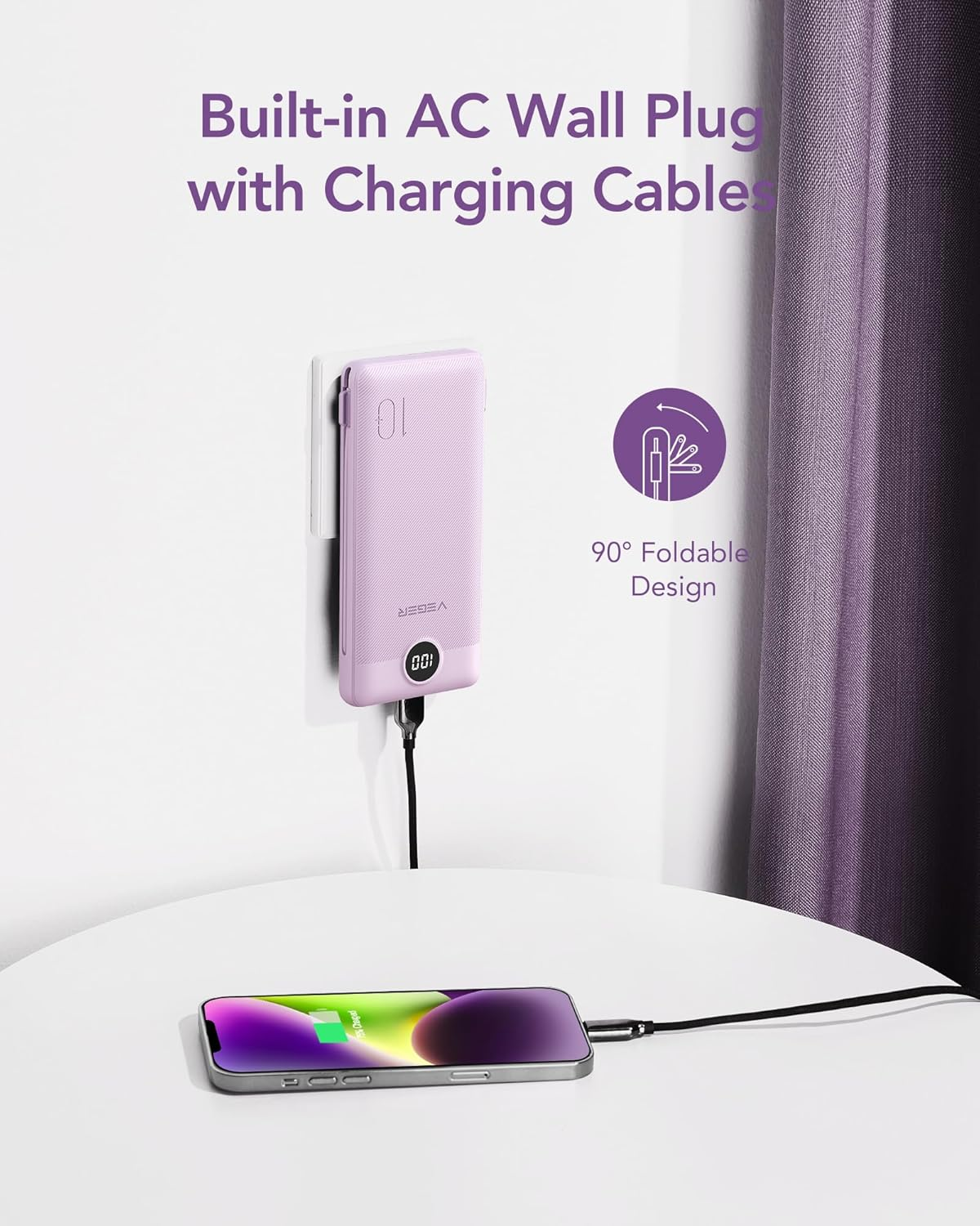VEGER 10000mAh Portable Charger – Slim Power Bank with Built-In Cables & Wall Plug - Image 3