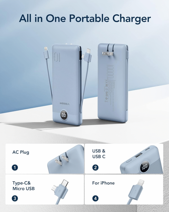 VEGER 10000mAh Portable Charger with Built-in Cables & Wall Plug (Blue) - Image 2