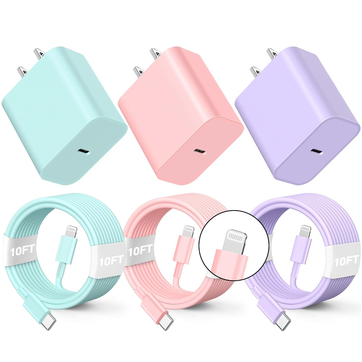 3-Pack 20W USB-C Fast Charger with 10FT Lightning Cable – iPhone Compatible
