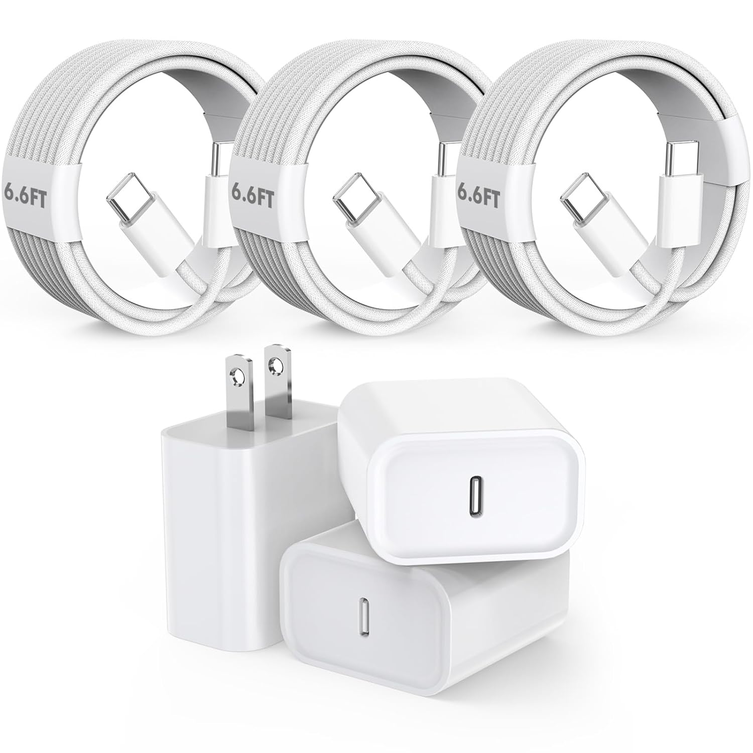 3-Pack 20W USB-C Fast Charger with 6FT Braided Cable – iPhone 17/16 & iPad