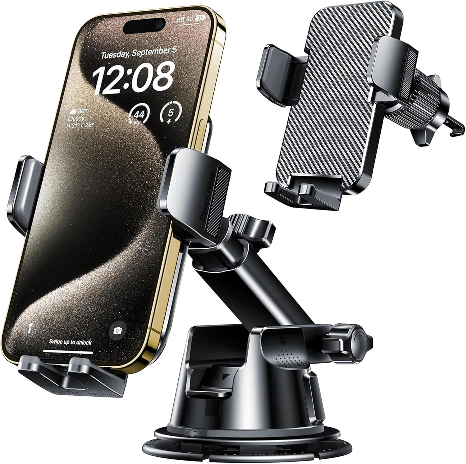 Car Phone Mount – Dash, Windshield & Vent Holder, Strong Grip & Adjustable Arm