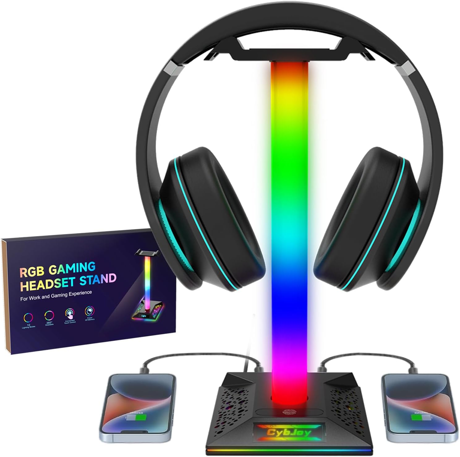 RGB Gaming Headset Stand w/ 2 USB & Type-C Ports, LED Headphone Holder PC