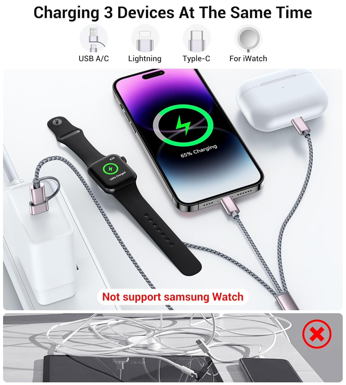 3-in-2 Multi Charging Cable – USB-C & Lightning for iPhone & Apple Watch, 4FT Travel & Camping Essential - Image 4