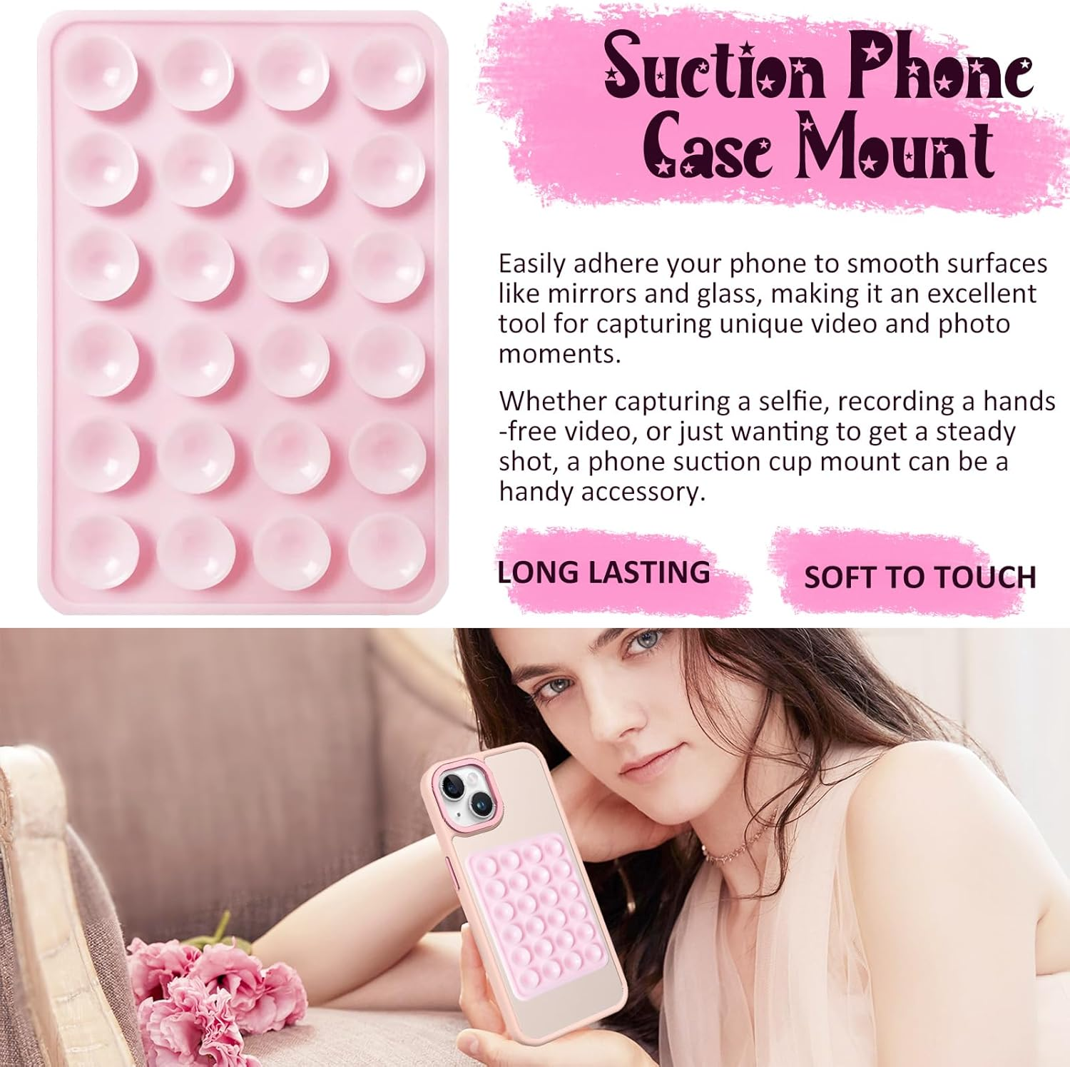 Anteel Silicone Suction Phone Case Mount – Hands-Free Adhesive Holder (Light Pink) - Image 2