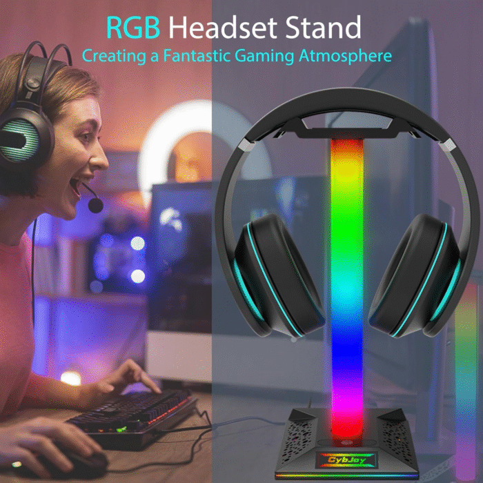 RGB Gaming Headset Stand w/ 2 USB & Type-C Ports, LED Headphone Holder PC - Image 6