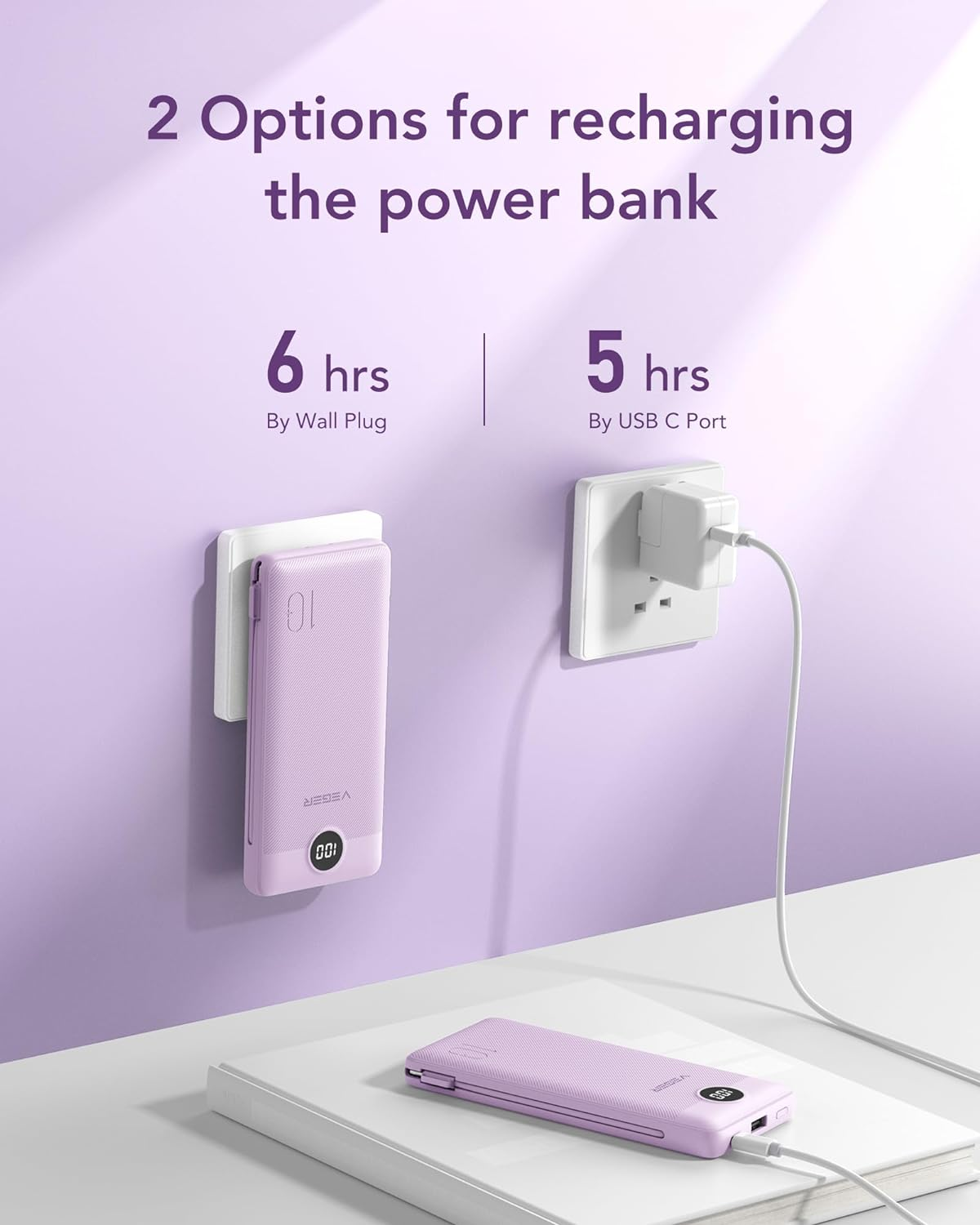 VEGER 10000mAh Portable Charger – Slim Power Bank with Built-In Cables & Wall Plug - Image 5