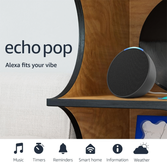 Echo Pop – Compact Smart Speaker with Alexa | Full Sound, Bluetooth Connectivity, Smart Home Control (Charcoal)