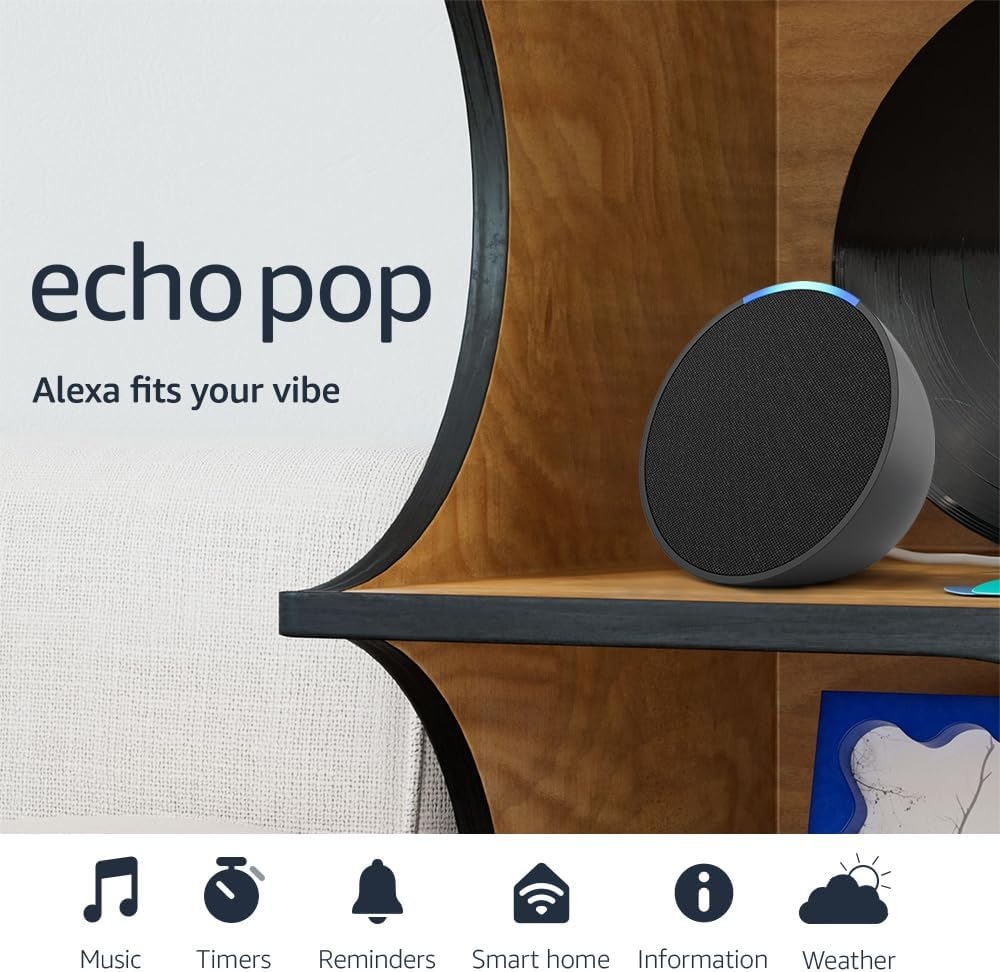 Echo Pop β Compact Smart Speaker with Alexa | Full Sound, Bluetooth Connectivity, Smart Home Control (Charcoal)