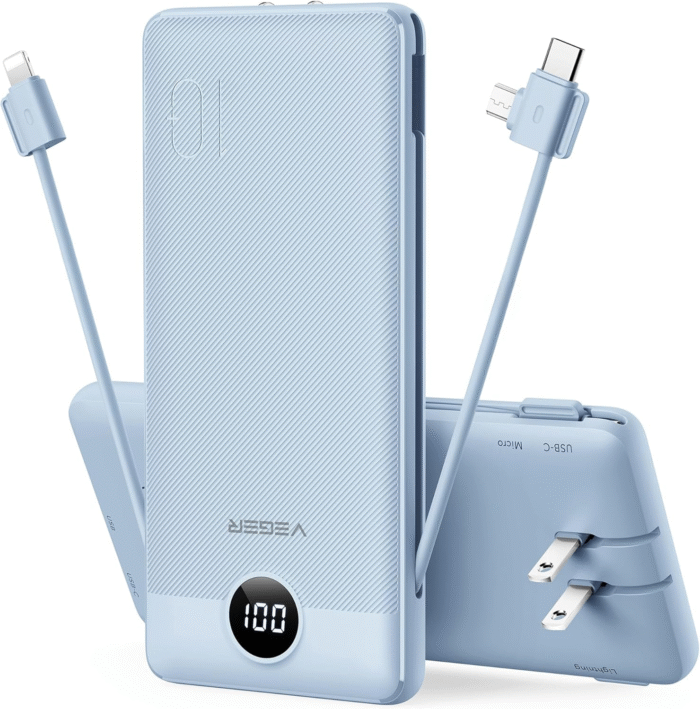 VEGER 10000mAh Portable Charger with Built-in Cables & Wall Plug (Blue)
