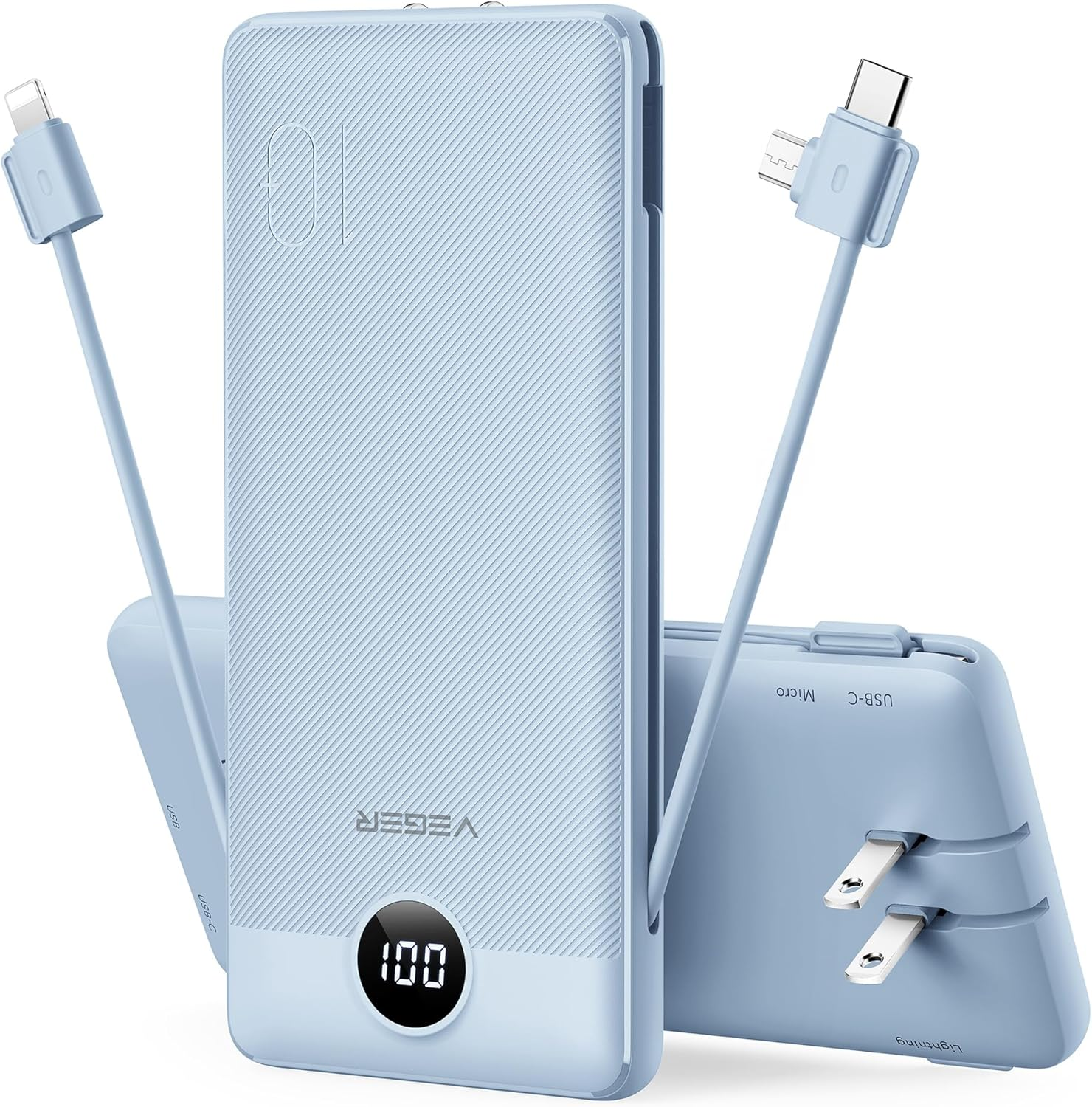 VEGER 10000mAh Portable Charger with Built-in Cables & Wall Plug (Blue)