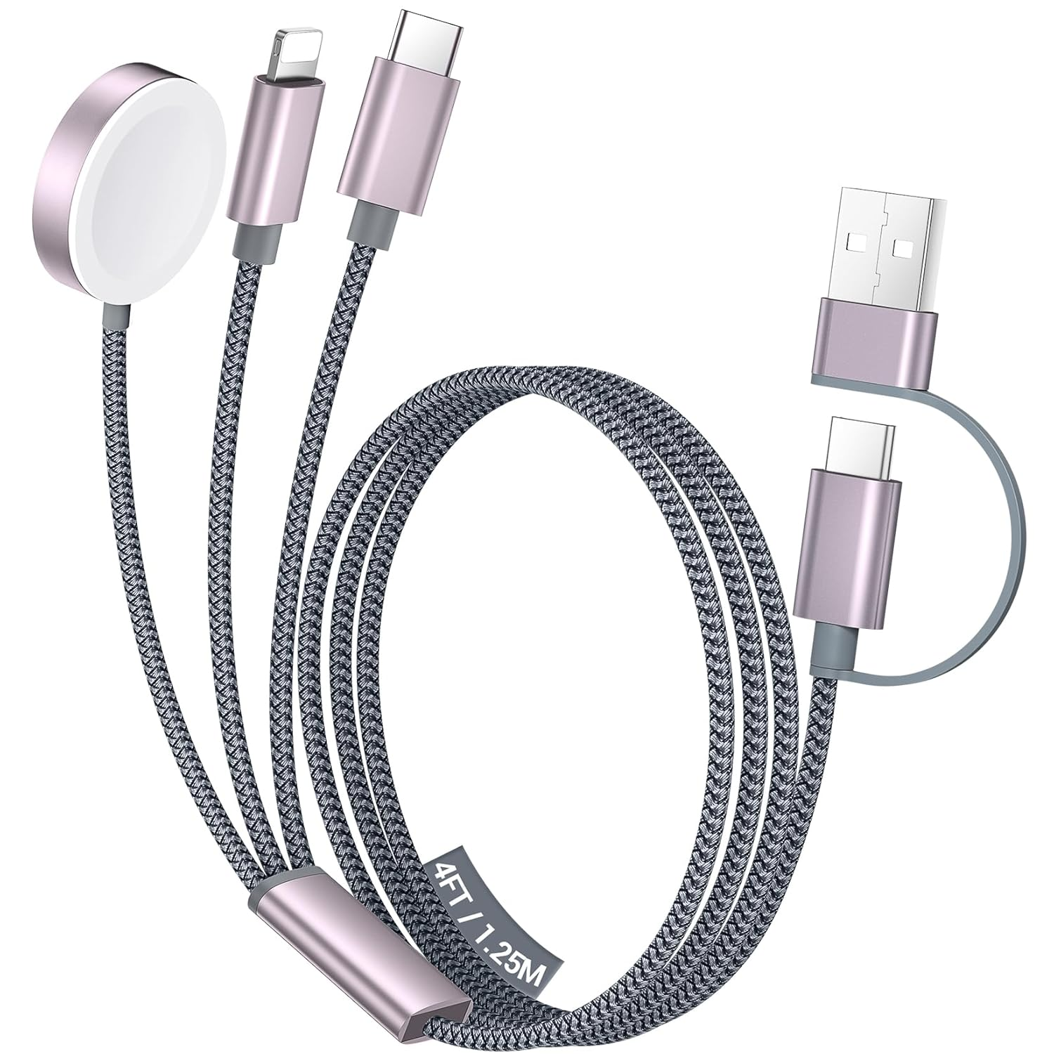 3-in-2 Multi Charging Cable – USB-C & Lightning for iPhone & Apple Watch, 4FT Travel & Camping Essential