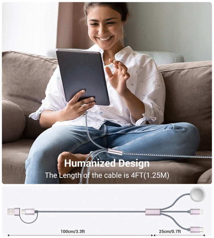 3-in-2 Multi Charging Cable – USB-C & Lightning for iPhone & Apple Watch, 4FT Travel & Camping Essential - Image 5