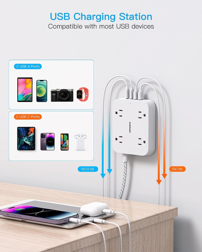 Flat Plug Extension Cord 5FT Power Strip with 4 USB Ports (2 USB-C), 4 Outlets, Wall Mount, Compact Travel Charging Station - Image 3