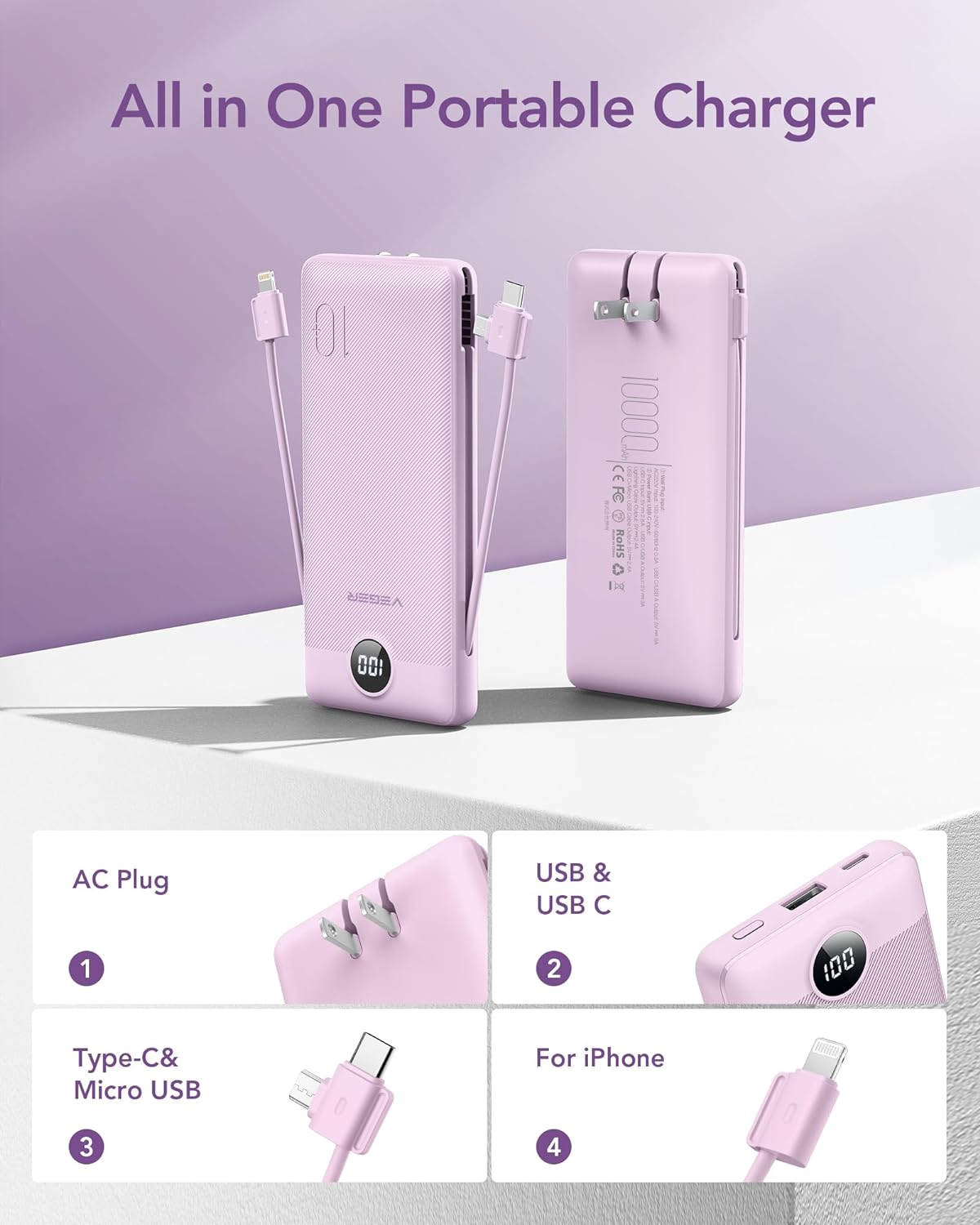 VEGER 10000mAh Portable Charger – Slim Power Bank with Built-In Cables & Wall Plug - Image 2