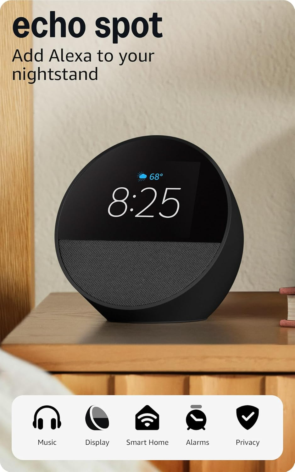 Echo Spot Smart Alarm Clock with Alexa – Nightstand & Home Hub, Black