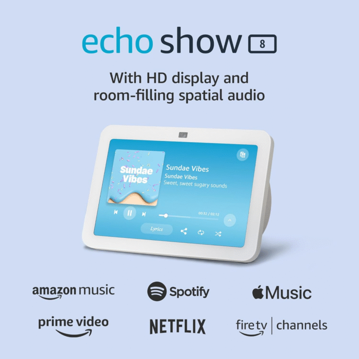Echo Show 8 – 8" HD Smart Display with Spatial Audio, Alexa, Smart Home Hub, Glacier White